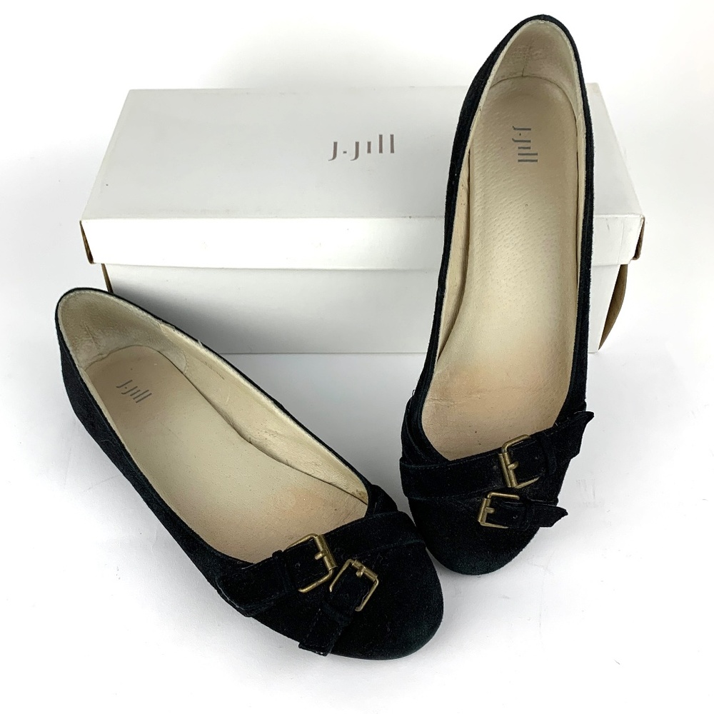 J. JILL Blesta Black Suede Ballet Flats w/Double Buckle Straps Sz 8.5 w/Box
